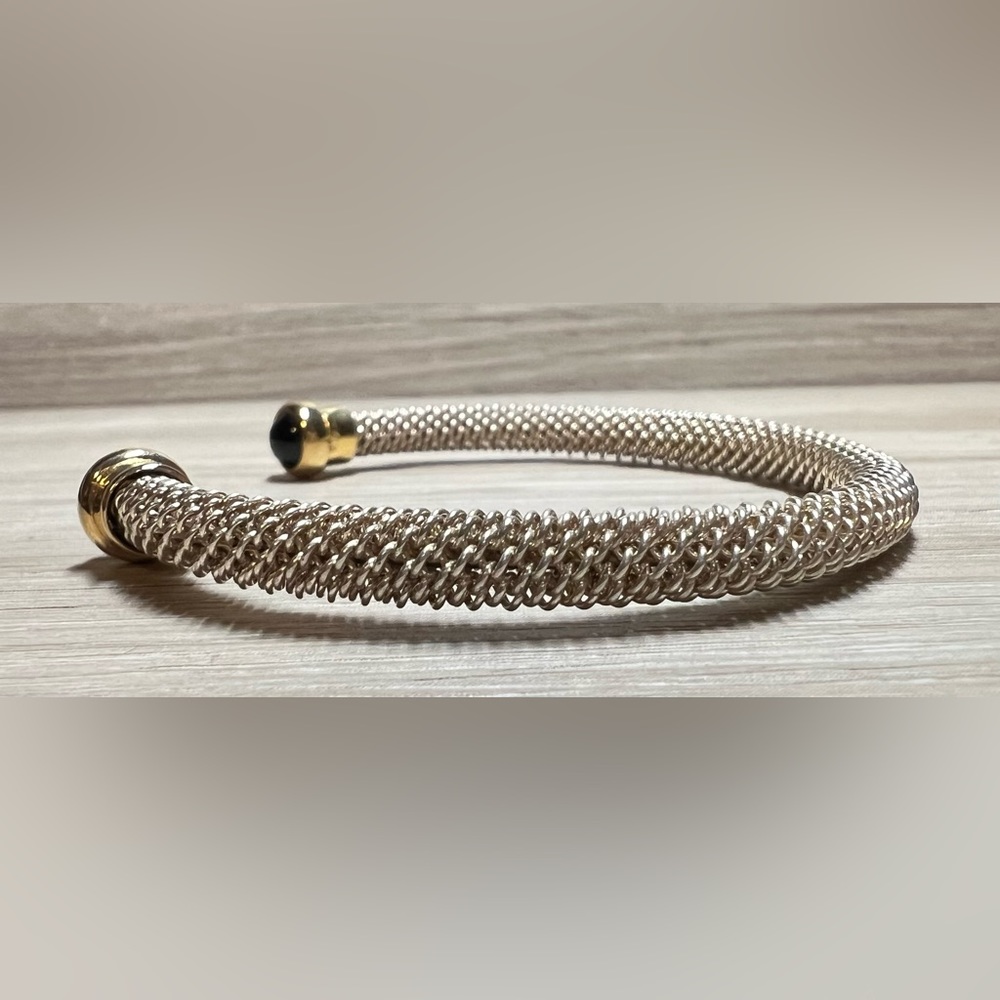 Vintage Designer Sterling Silver & Gold Onyx Cabochon Tip Cuff Bracelet, 7" - Picture 4 of 10